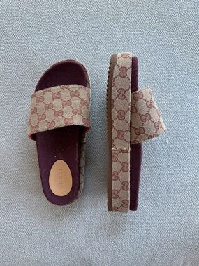 Gucci Beige Monogram Strap Burgundy Footbed Slide Sandals